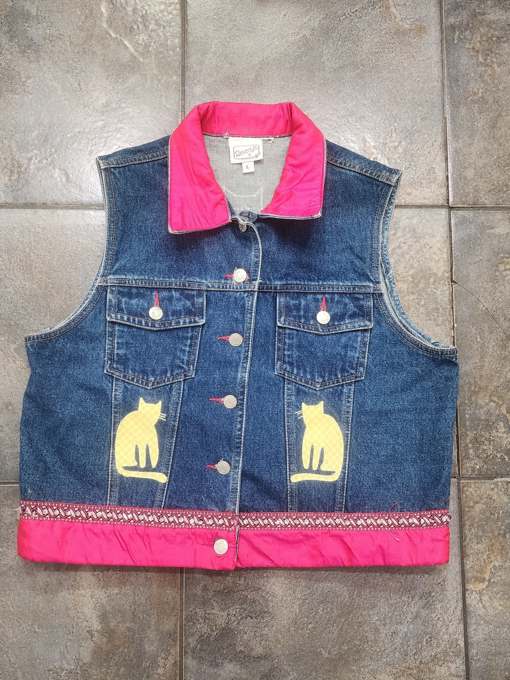Vintage 90s Beverly's Women's Large Cat Patchwork Rhinestone Denim Vest